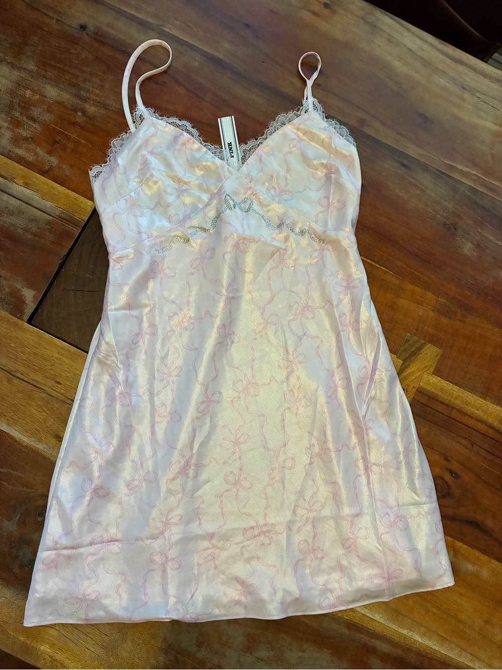 PINK Loveshackfancy Pale Pink Satin Lace-Trim Slip Dress